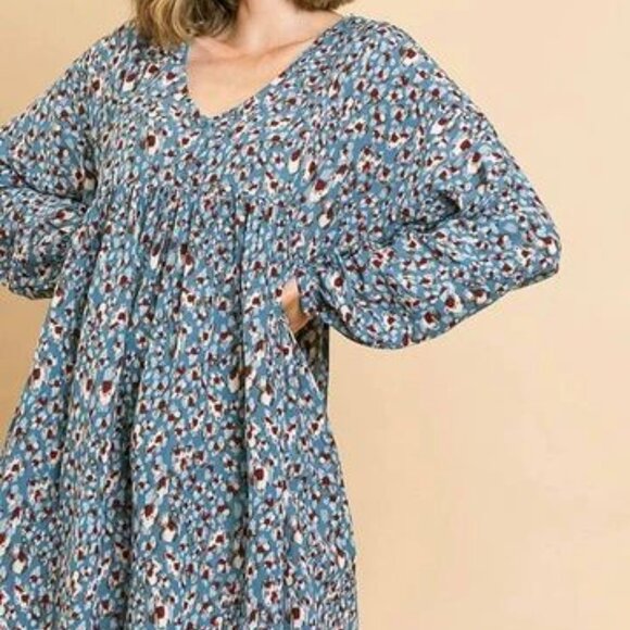 Umgee Teal Mix Long Sleeve Babydoll Dress, Size Large - Picture 2 of 9